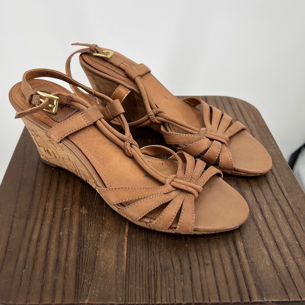 Clarks Bendables Tan Leather Cork Wedge Sandals Strappy Ankle Buckle 9M